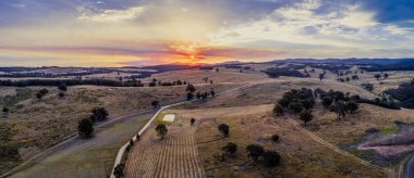 Avustralya 'daki tarlaların ve tepelerin üzerinde günbatımının hava manzarası
