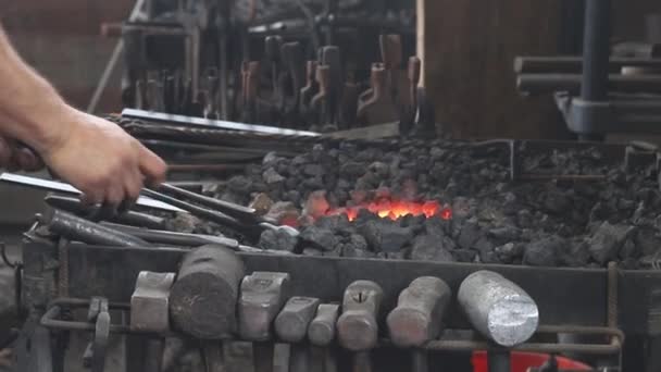 Ferreiro Forja Panela Quente Para Trabalhar Com Ferro — Vídeo de Stock