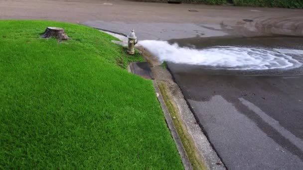 Flygvideo Öppen Brandpost Med Vatten Som Rinner Gatan — Stockvideo