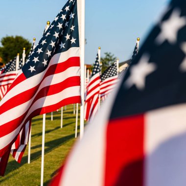 Arka planda birçok Amerikan bayrağı