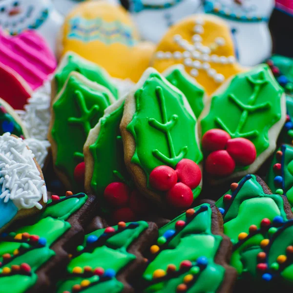 Talíř Krásně Zdobených Pestrobarevných Vánočních Sušenek — Stock fotografie