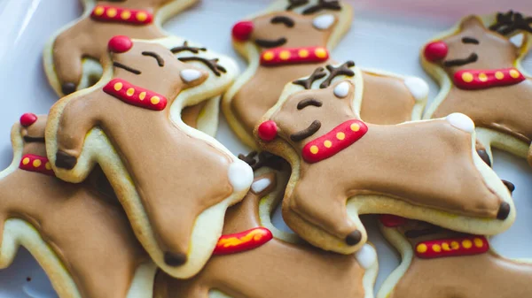 Primer Plano Rudolph Reno Nariz Roja Galletas Navidad Caseras — Foto de Stock