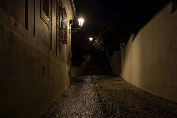 Lâmpada Rua Calçada Com Pedras Paralelepípedos Reflexos Luz Após Chuva — Fotografia de Stock