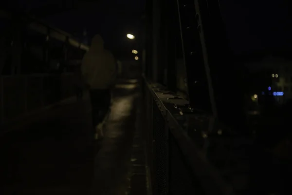 布拉格市中心的栏杆 街灯和夜雨中模糊的背景 — 图库照片