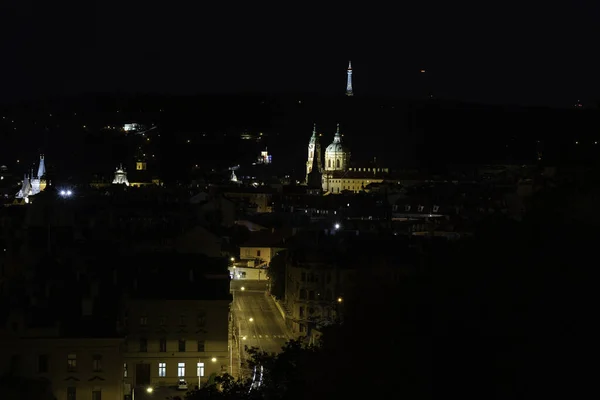 Charles Bridge Center Prague Vltava River Night Reflections Light Surface — Stock Photo, Image