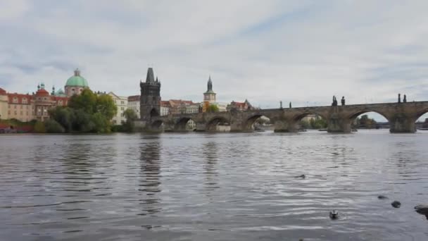 Karlsbron Och Flyter Floden Vltava Centrum Huvudstaden Prag Vid Solnedgången — Stockvideo