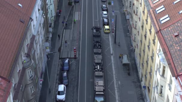 Zdjęcie Lotnicze Ulicy Mieście Tramwaju Torze Samochodu Drodze Środku Miasta — Wideo stockowe