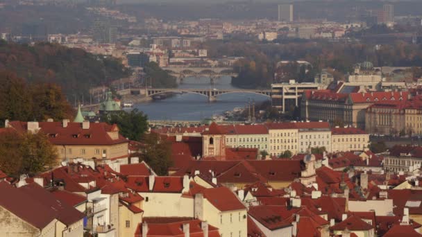 Tak Gamla Byggnader Och Den Strömmande Floden Vltava Centrala Prag — Stockvideo