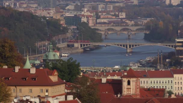 Střechy Starých Budov Tekoucí Řeka Vltava Centru Prahy Pozadí Vpravo — Stock video