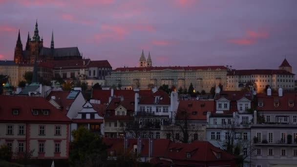 Karlsbron Och Bakgrunden Prags Slott Och Kyrkan Vitus Centrala Prag — Stockvideo