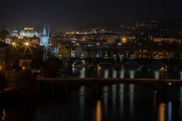Night View Prague Vltava River Illuminated Bridges Charles Bridge 14Th — Stock Photo, Image