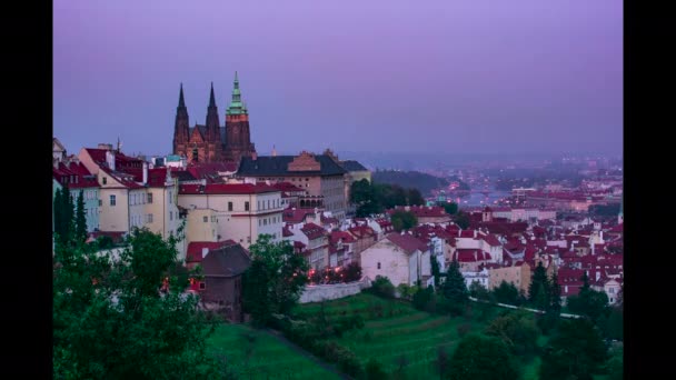 Eski Vitus Katedrali Prag Şatosu Sonbaharda Prag Göbeğinde Günbatımında Ağaçlar — Stok video