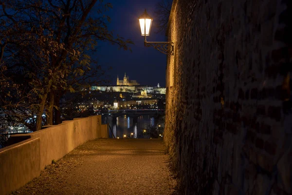 View Old Illuminated Defocused Stone Wall 17Th Century Light Street — Stock Photo, Image