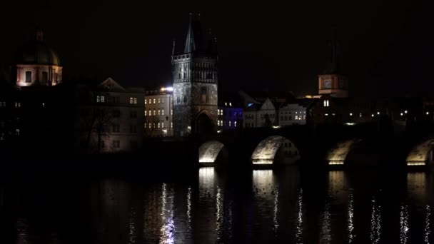 Static View Illuminated Stone Charles Bridge Flowing River Vltava Lights — Stock Video