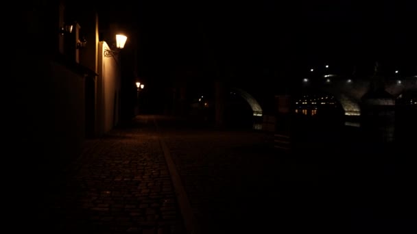 Асфальтированный Тротуар Свет Фонарей Центре Праги Ночью — стоковое видео