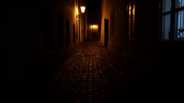 Brukowany Chodnik Światło Świateł Ulicznych Centrum Pragi Nocy — Wideo stockowe