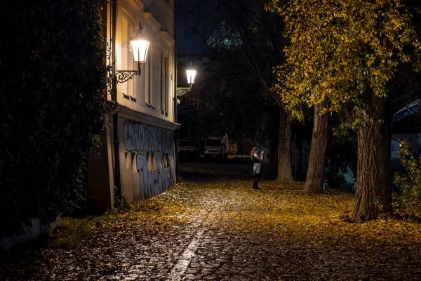 Pouliční Osvětlení Chodník Dlaždicemi Centru Prahy Noci 2020 — Stock fotografie