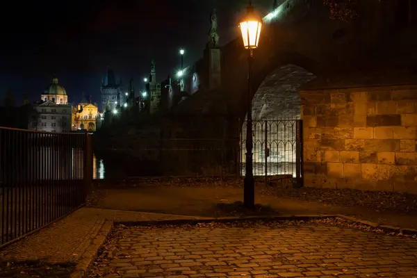 Lampadaire Trottoir Pavé Pavés Lumières Arrière Plan Sur Pont Charles — Photo