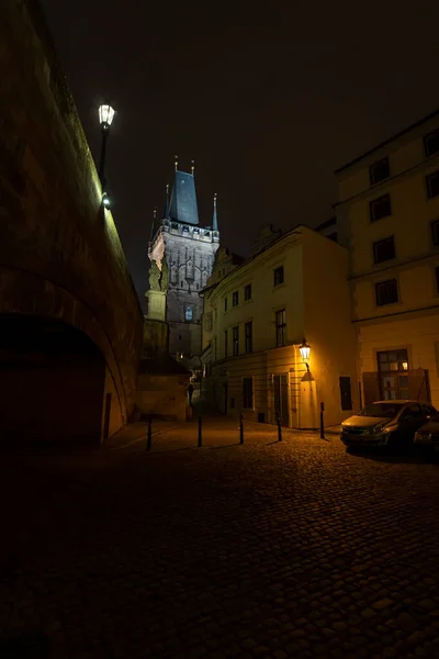 Light Street Light Lamp Dark Street Cobblestones Center Prague Stone — Stock Photo, Image