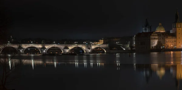 Panorama Pont Charles Niveau Rivière Vltava Nuit Prague — Photo