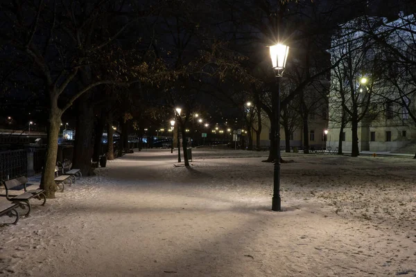 Světlo Pouličních Lamp Zatopená Lávka Sněhem Centru Prahy Noci Parku — Stock fotografie