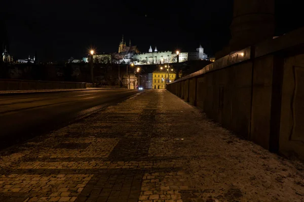 Route Arrière Plan Château Prague Dans Centre Prague Lumière Des — Photo