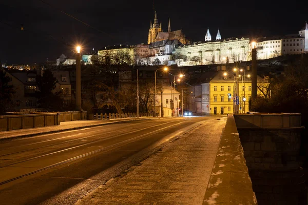 Carretera Fondo Castillo Praga Centro Praga Luz Las Luces Calle — Foto de Stock