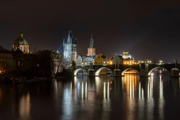 Charles Bridge Vltava River Light Street Lights Center Prague Winter — Stock Photo, Image