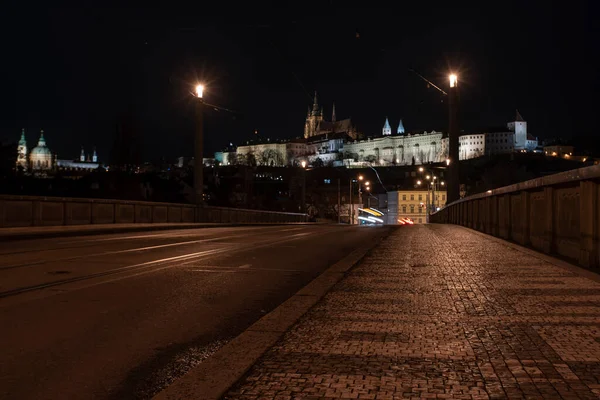 Trilhas Para Bonde Estrada Fundo Castelo Praga Centro Praga Luz — Fotografia de Stock
