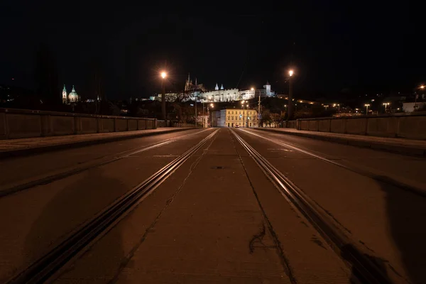 Tracks Tram Road Background Prague Castle Center Prague Light Street — Stock Photo, Image