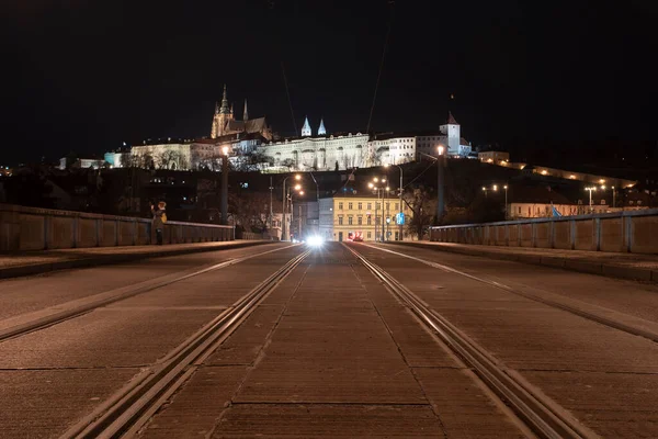 Tracks Tram Road Background Prague Castle Center Prague Light Street — Stock Photo, Image