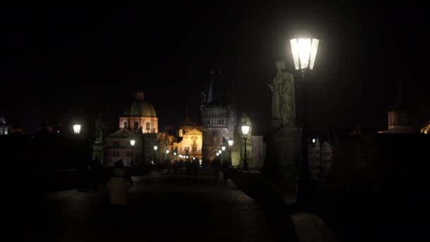 Luzes Rua Estátuas Pedra Charles Bridge Noite Silhuetas Pessoas Andando — Vídeo de Stock