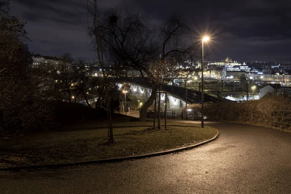 Уличные Огни Пешеходная Дорожка Парке Заднем Плане Вид Город Праги — стоковое фото