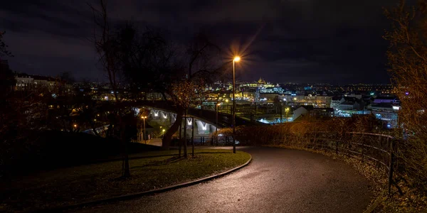 Pouliční Osvětlení Chodník Parku Pozadí Pohled Pražský Pražský Hrad Noci — Stock fotografie