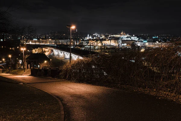Luzes Rua Passarela Pedonal Parque Fundo Uma Vista Cidade Praga — Fotografia de Stock