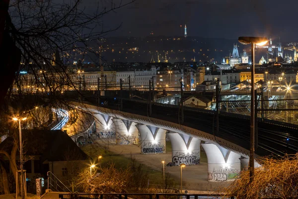 View Pillars Modern Cement Railway Bridge Center Prague Night 2021 — Stock Photo, Image