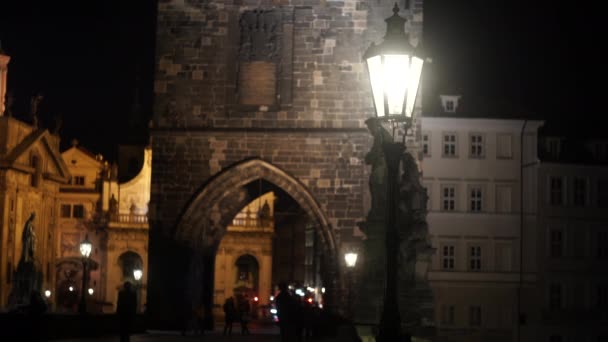 Straßenlaternen Und Statuen Auf Der Steinernen Karlsbrücke Bei Nacht Und — Stockvideo