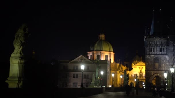 Gece Taş Charles Köprüsü Nde Sokak Işıkları Heykeller Prag Merkezinde — Stok video