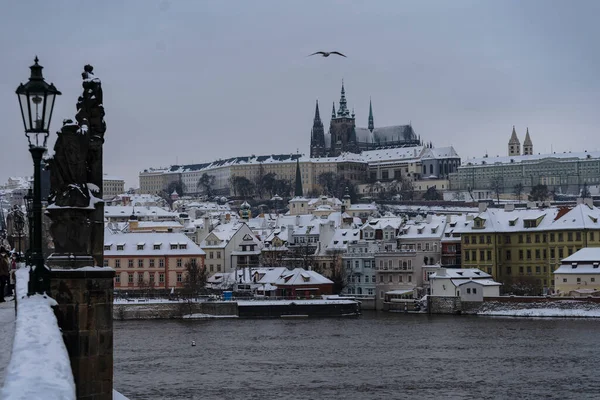 Panoramatický Výhled Zasněžený Pražský Hrad Kostel Víta Bílé Zasněžené Střechy — Stock fotografie