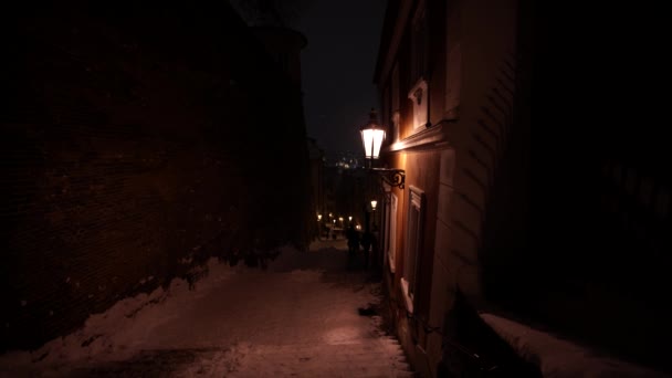 Närbild Ljus Belyst Gatlykta Lyser Lykta Gatlyktor Natten Bakgrunden Trottoaren — Stockvideo