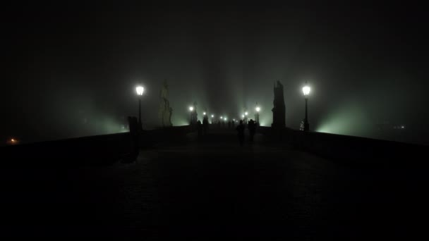 Licht Lantaarn Van Straatverlichting Karelsbrug Mist Nachts Silhouetten Van Voetgangers — Stockvideo