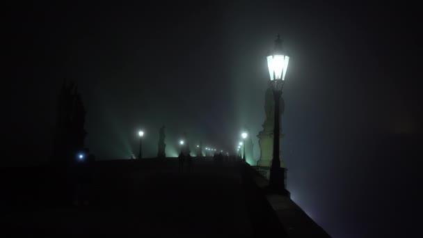 Charles Köprüsü Ndeki Sokak Lambalarının Fenerine Geceleri Sise Prag Daki — Stok video