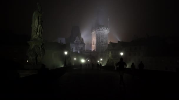 Licht Lantaarn Van Een Straatlantaarn Charles Bridge Nachts Silhouetten Van — Stockvideo