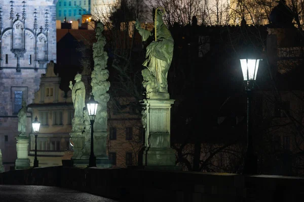 lights from lcuerny on charles bridge on river vltava at night and bridge bridge in background