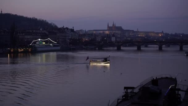Gece Vltava Nehrinde Charles Köprüsü Nde Iki Beyaz Kuğu Kıyıdaki — Stok video