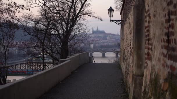 Zoomare Sul Ponte Carlo Notte Sul Viale Moldava Due Cigni — Video Stock