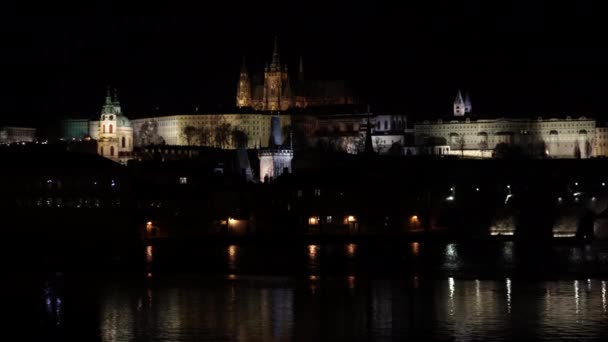 Zooming View Prague Castle Vitus Cathedral Charles Bridge Vltava River — Stock Video