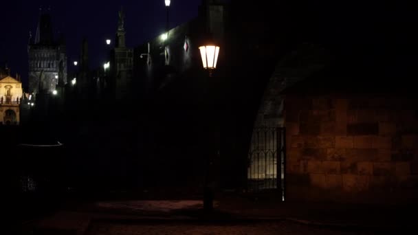 Blick Auf Laterne Und Karlsbrücke Bei Nacht Prag — Stockvideo