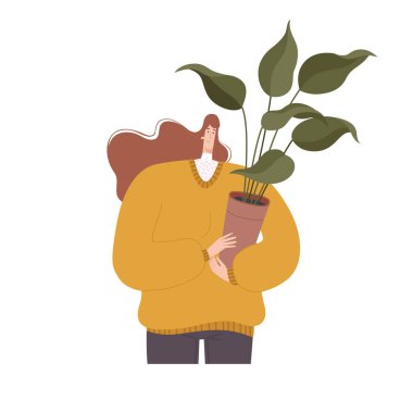 Neşeli kadın bir bitki tutuyor. Beyaz arkaplanda izole.