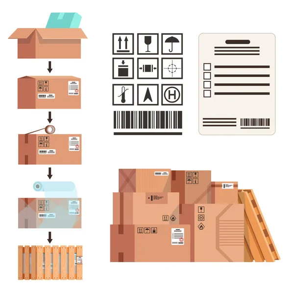 Stadia van verzending. Verpakkings- en verzenddozen. Etiketteerset voor vracht en opgevouwen dozen. — Stockvector